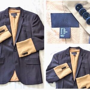 H&M 34R Preppy Navy Blue Blazer with Khaki Cuffs & PLEATED chest